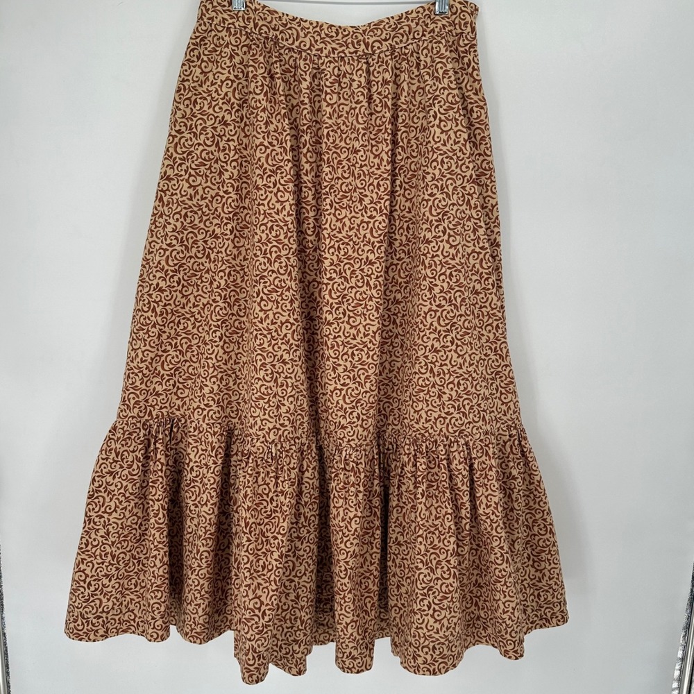 Handmade Brown Scroll Print Tiered Maxi Skirt Ruffle Hem L Cottagecore Costume - Picture 1 of 10